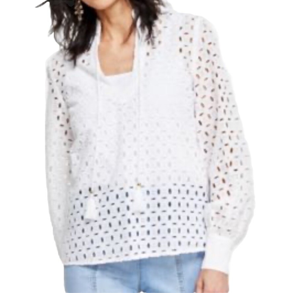 INC International Concepts Womens Sz XL Top White Eyelet Cotton Split Neck